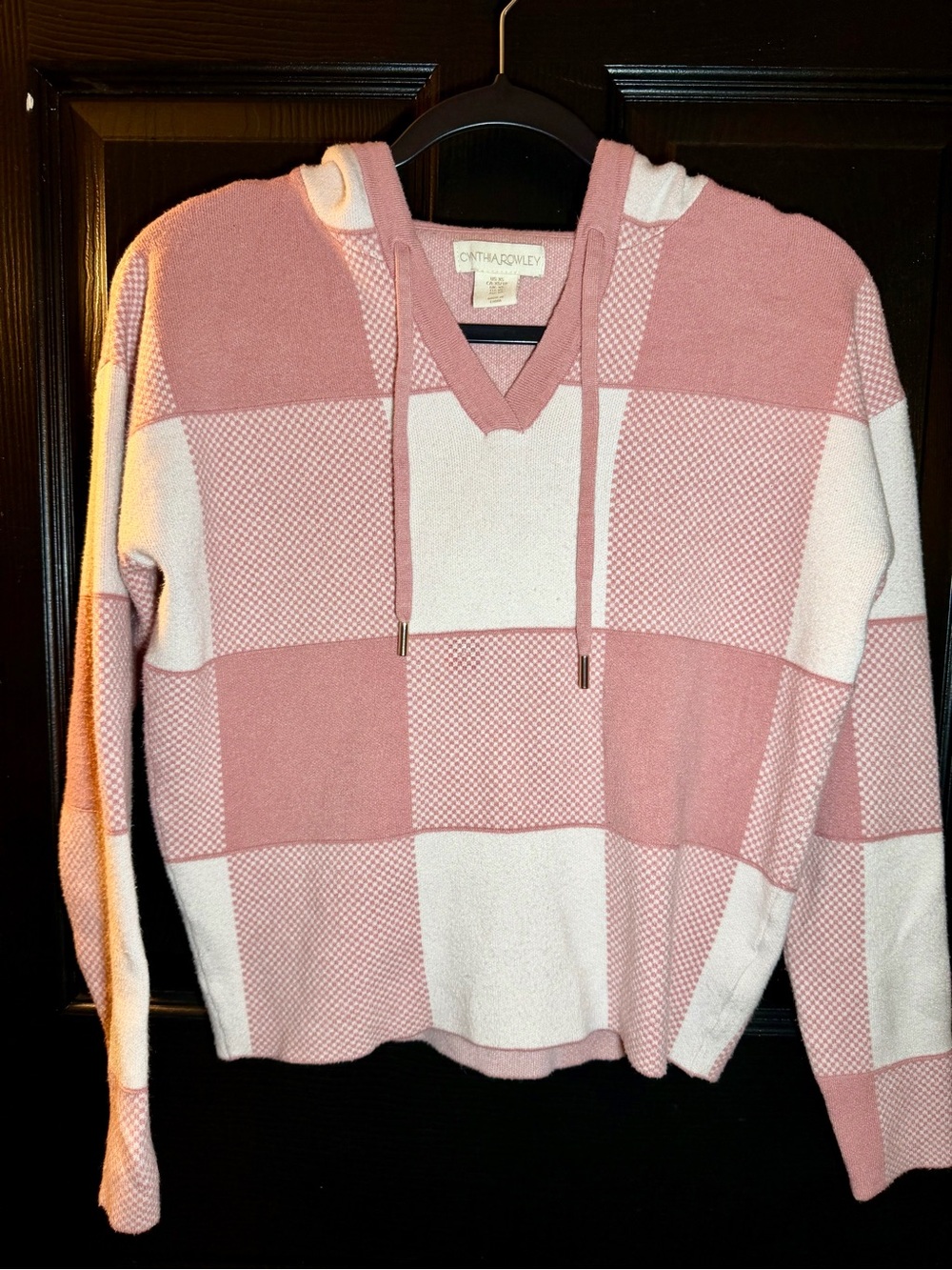 Cynthia Rowley Pink and White Checker V-Neck Hoodie Sweater